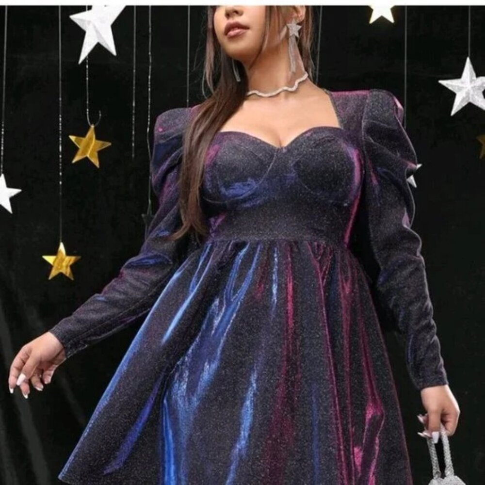 Shein Belle Plus Sweetheart Neck Gigot Sleeve Glitter Dress